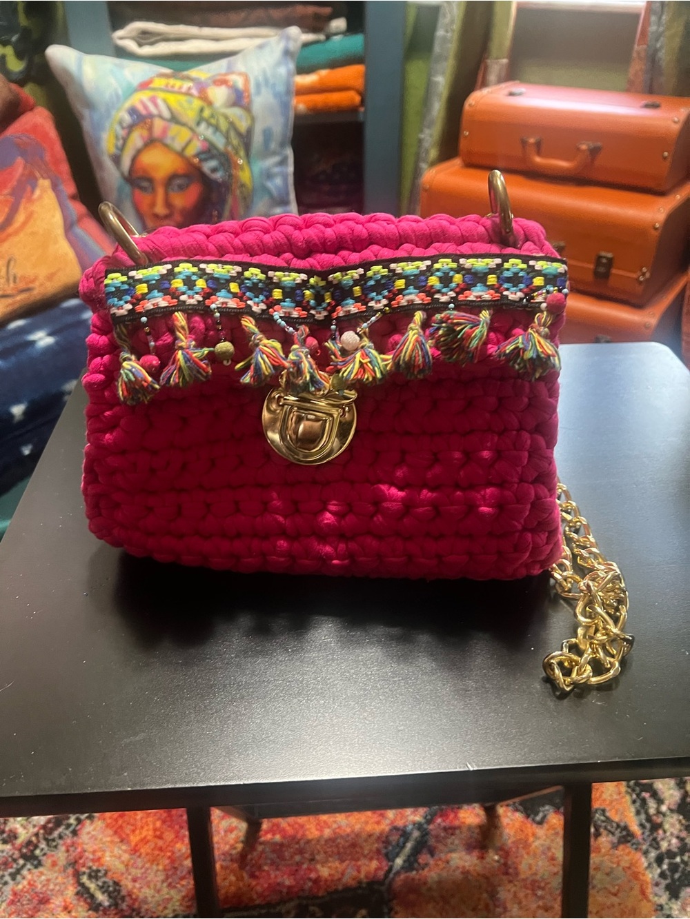 Handcrafted Fuchsia Crochet Crossbody with Multicolor Tassel Trim